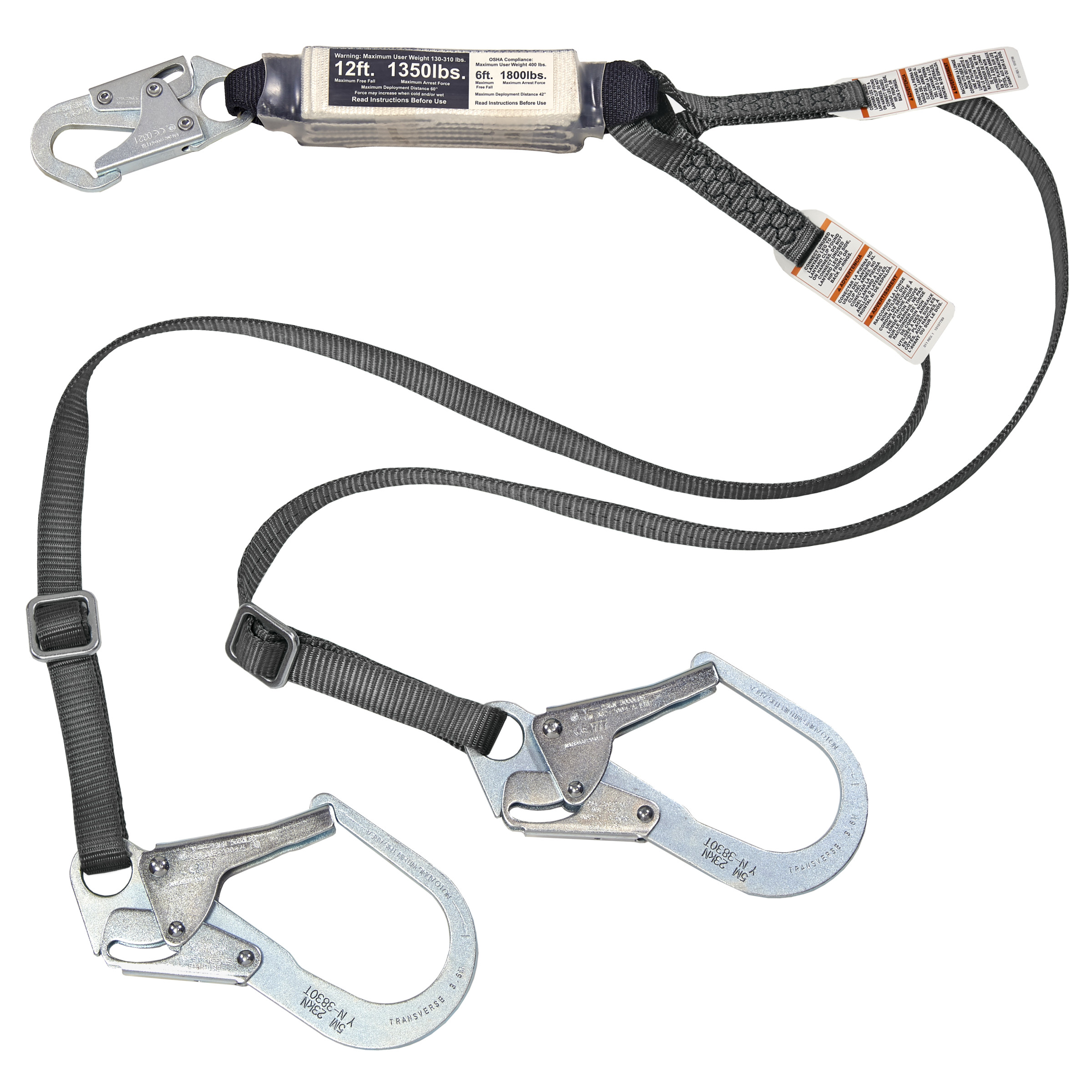 V-SERIES 12FT Free Fall/Heavy Worker twin leg energy absorbing lanyard, 6' small snaphook